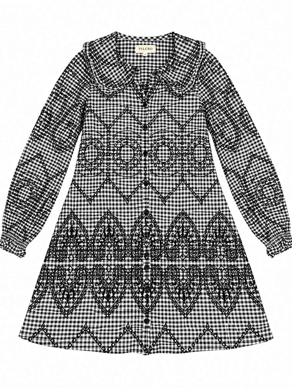 Pilcro Black and White Gingham Embroidered Peter Pan Collar Dress